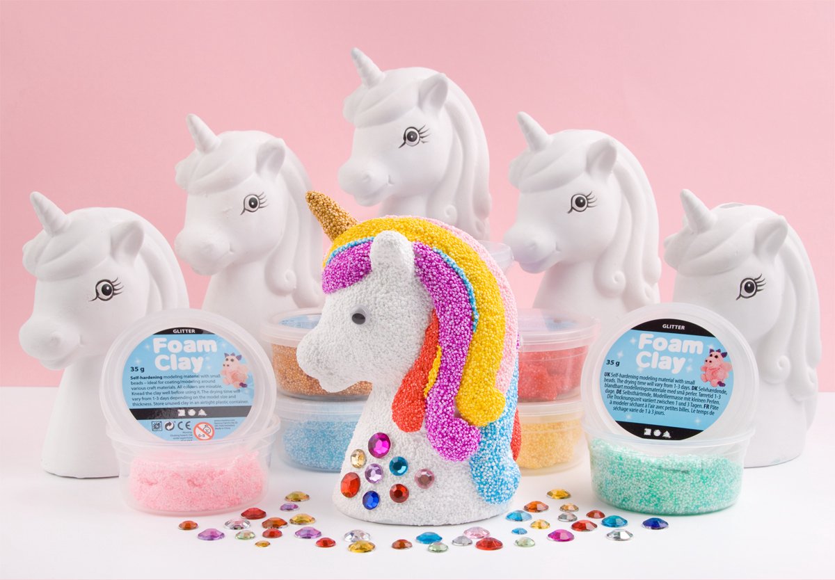 Knutselpakket Kinderfeestje: 5 Spaarpot Eenhoorns versieren met Foam Clay | Knutselen Kinderfeestje | Unicorn | Eenhoorn Feestje